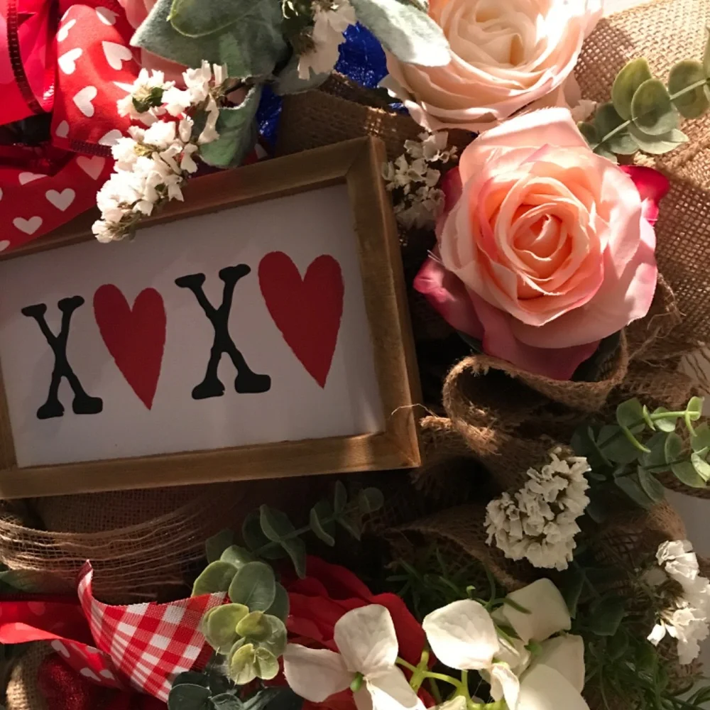 Valentines Wreath Hand Crafted LOVE Burlap Kisses Hugs FINAL SALE